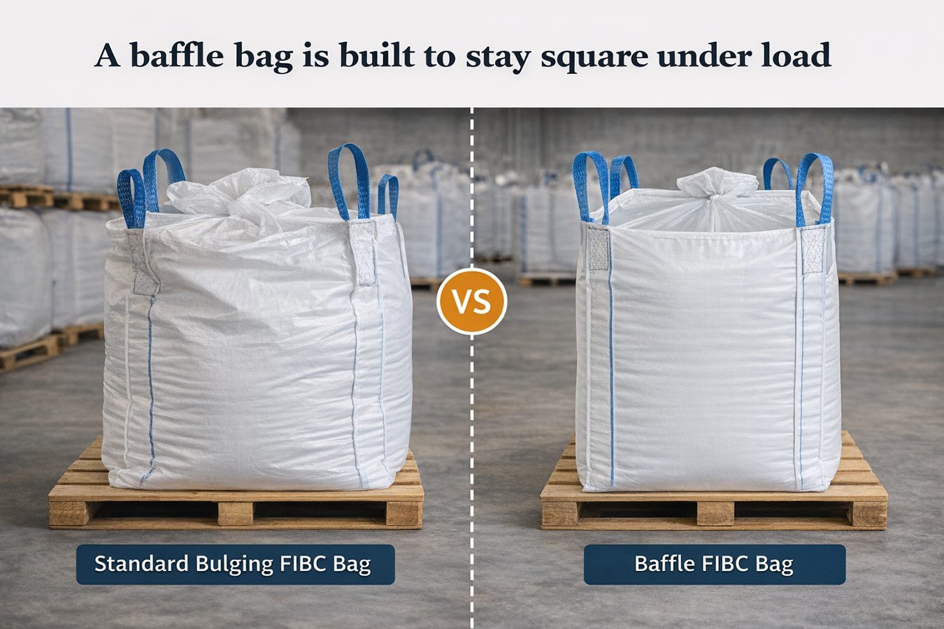 Comparison of a standard bulging FIBC bag beside a baffle FIBC bag holding a more square, form-stable shape on a pallet.