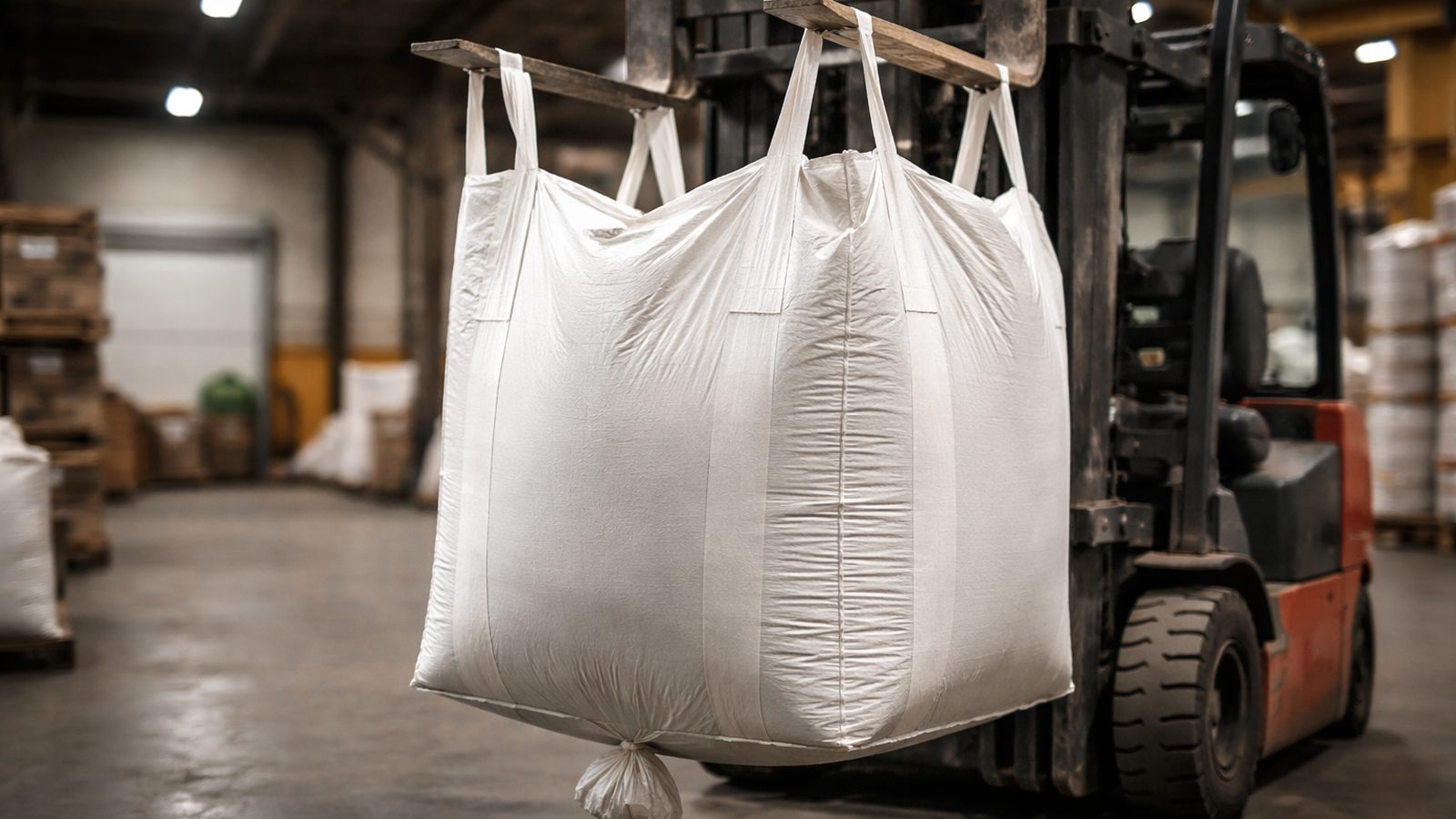 Forklift lifting a white FIBC bulk bag in a warehouse, representing evolving bulk packaging procurement trends across Canada in 2026.