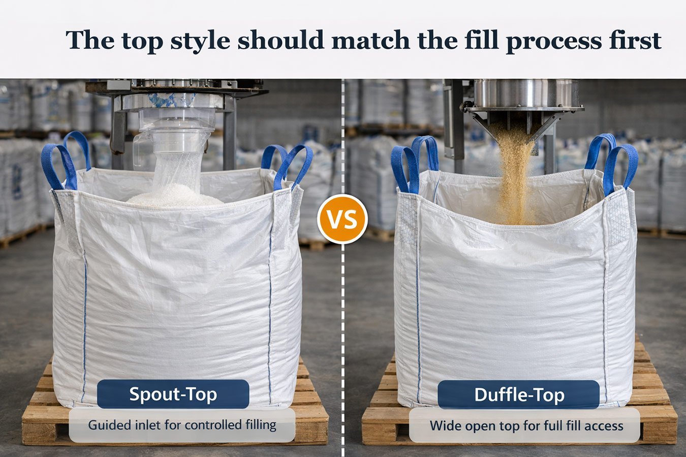 Side-by-side comparison of a spout-top FIBC bag filling through a guided inlet and a duffle-top FIBC bag filling through a wide open top.