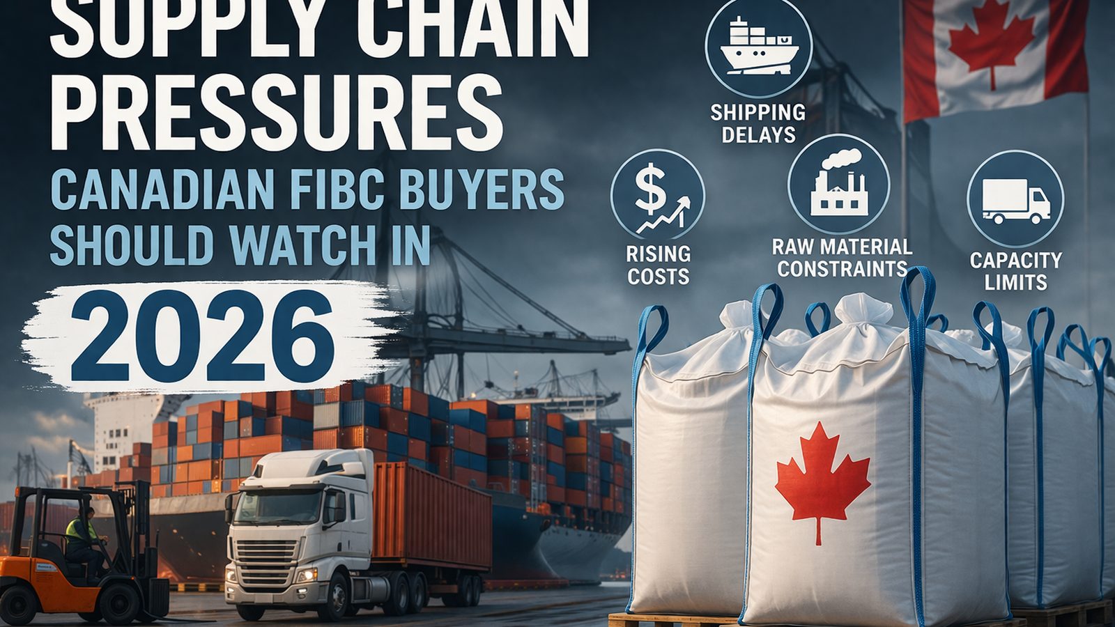 Supply chain and logistics scene representing the shipping, freight, and sourcing challenges Canadian FIBC bulk bag buyers face in 2026.