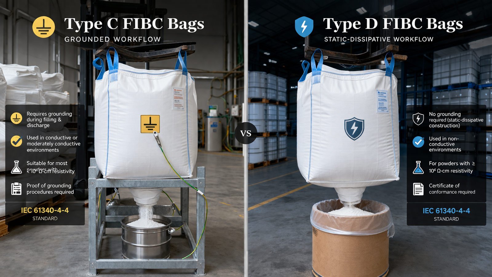 Side-by-side comparison of grounded Type C FIBC discharge workflow and Type D static-dissipative handling workflow in an industrial powder environment.