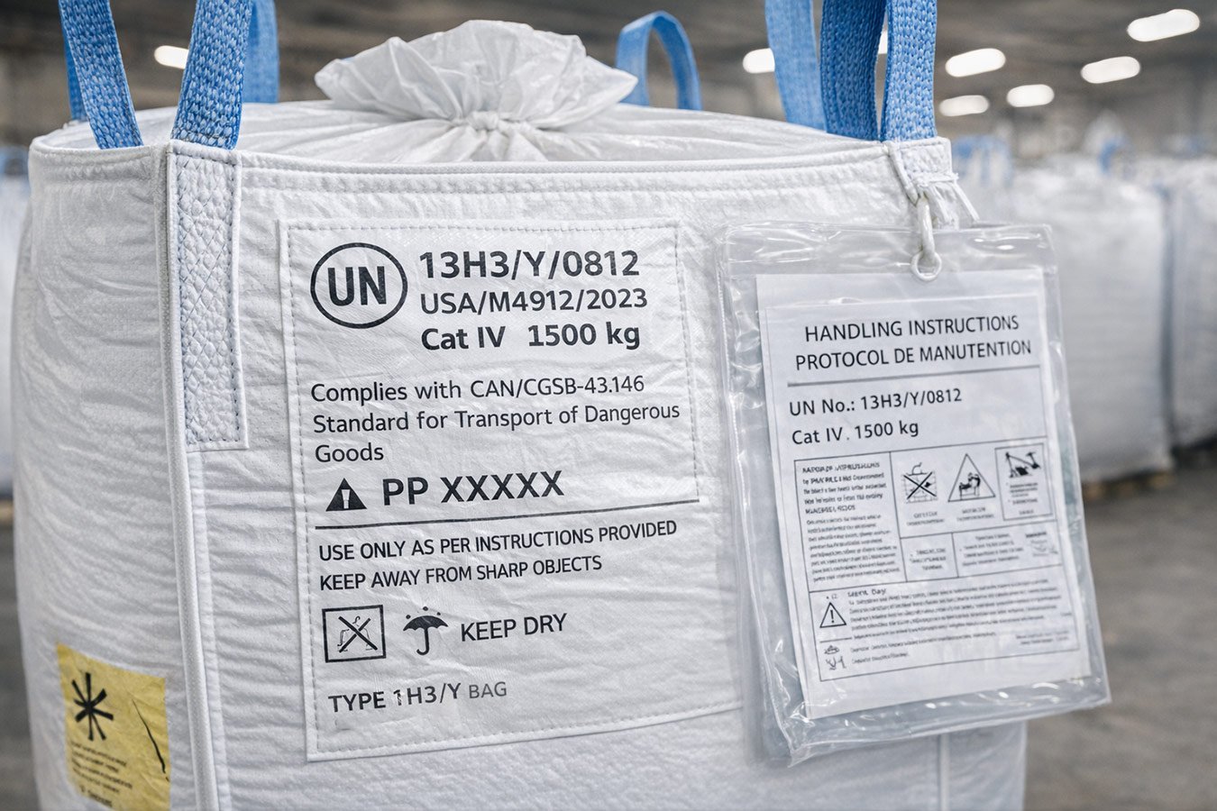 Close-up of UN certified FIBC bag markings, lift loops, and handling paperwork in an industrial packaging setting.