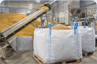 FIBC bulk bags used in agricultural grain and feed ingredient handling.