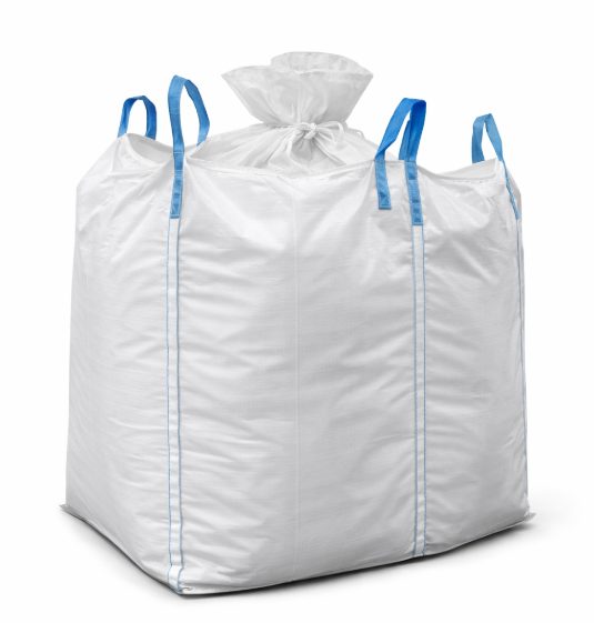 Duffle top flat bottom FIBC bulk bag with post-fill closure.