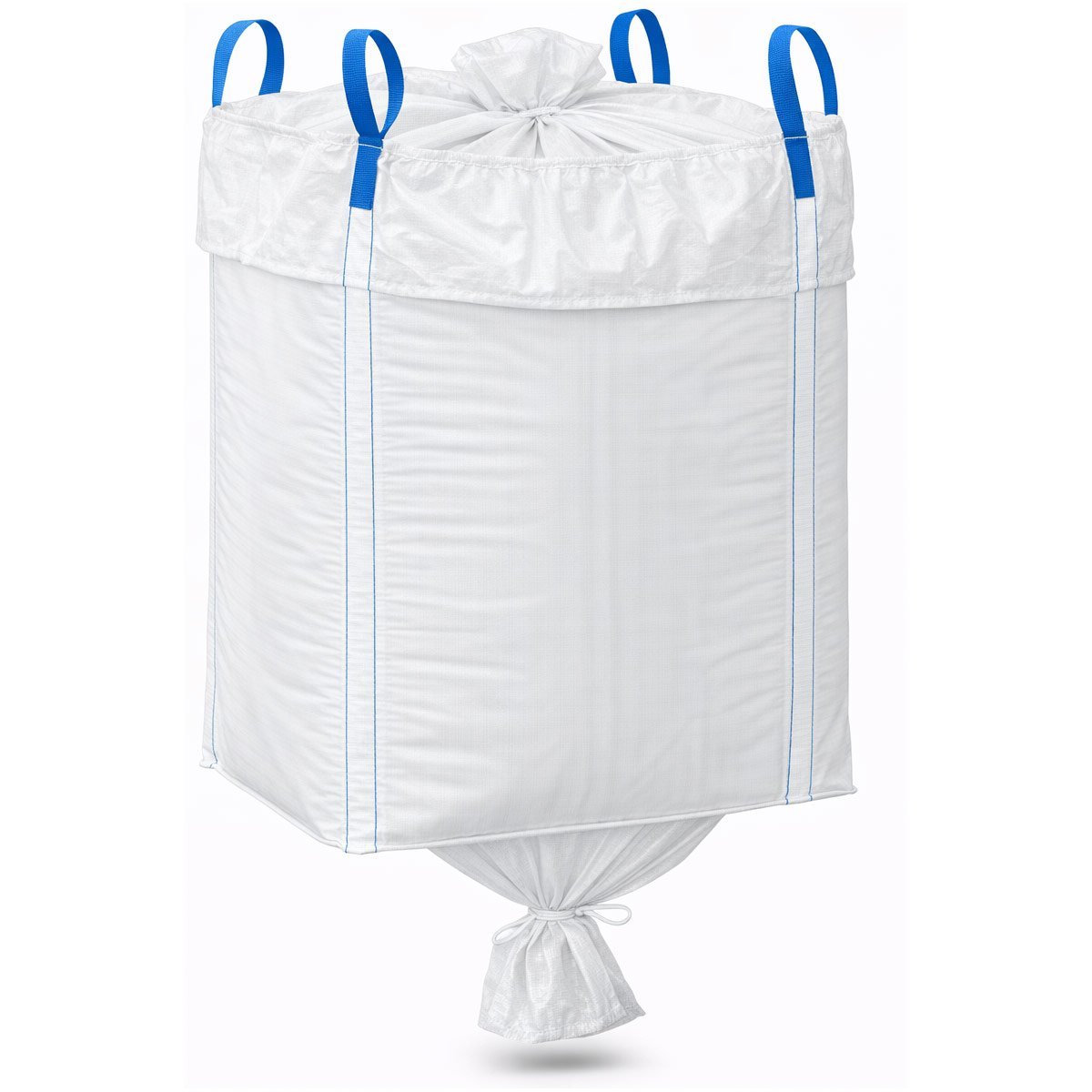 Skirt top discharge spout bottom FIBC bag with covered top and controlled bottom outlet.