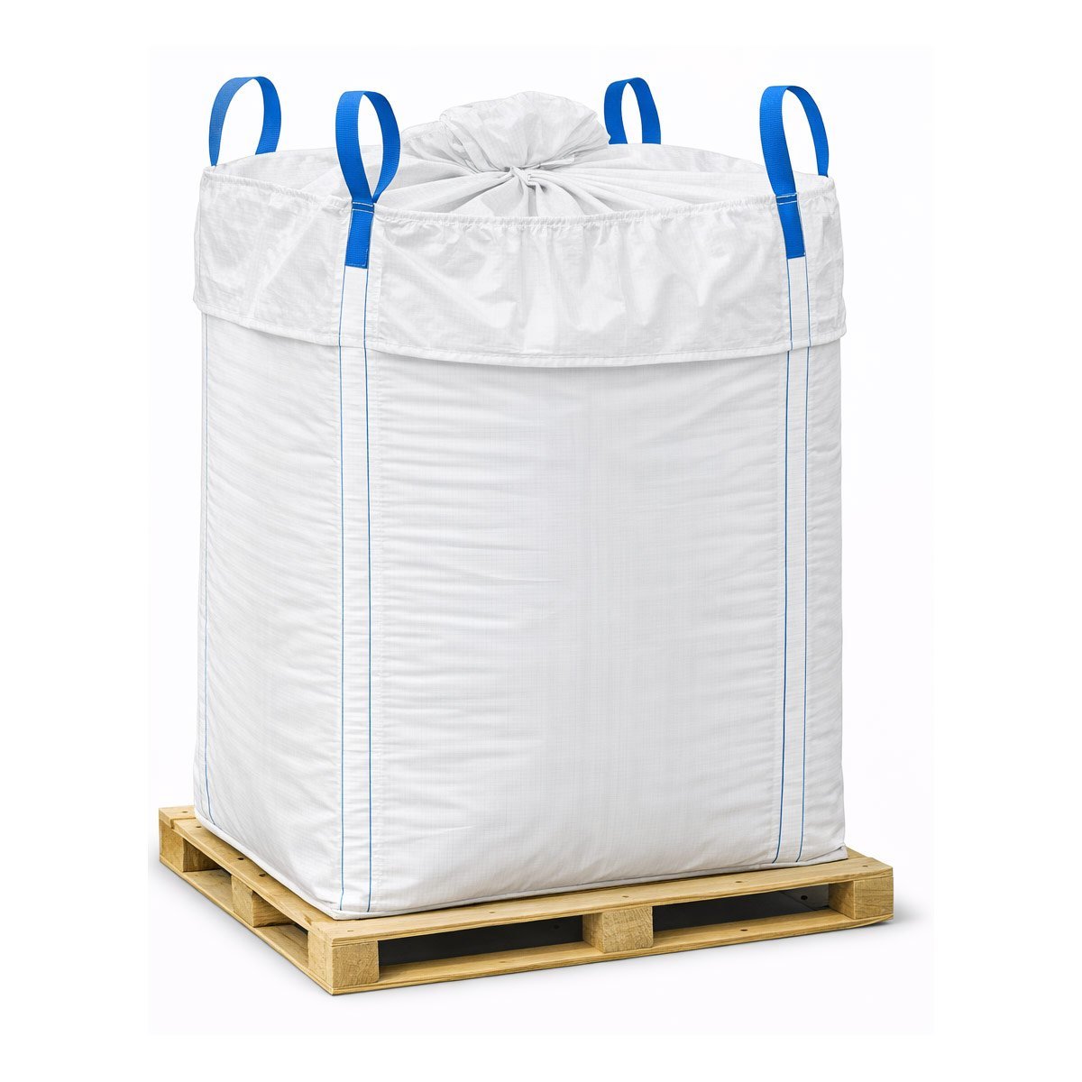 Skirt top flat bottom FIBC bag with covered top and stable pallet base.